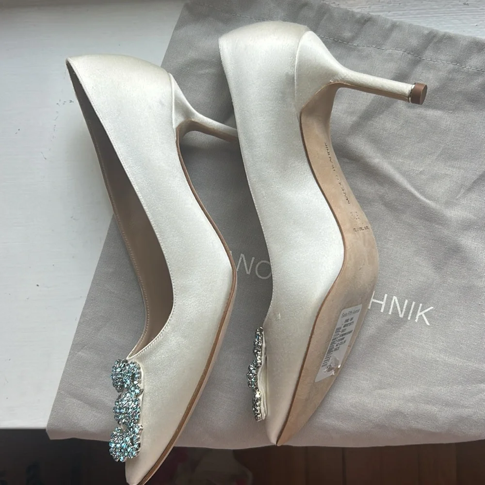 Manolo Blahnik White Satin Pump with Crystal Buckle